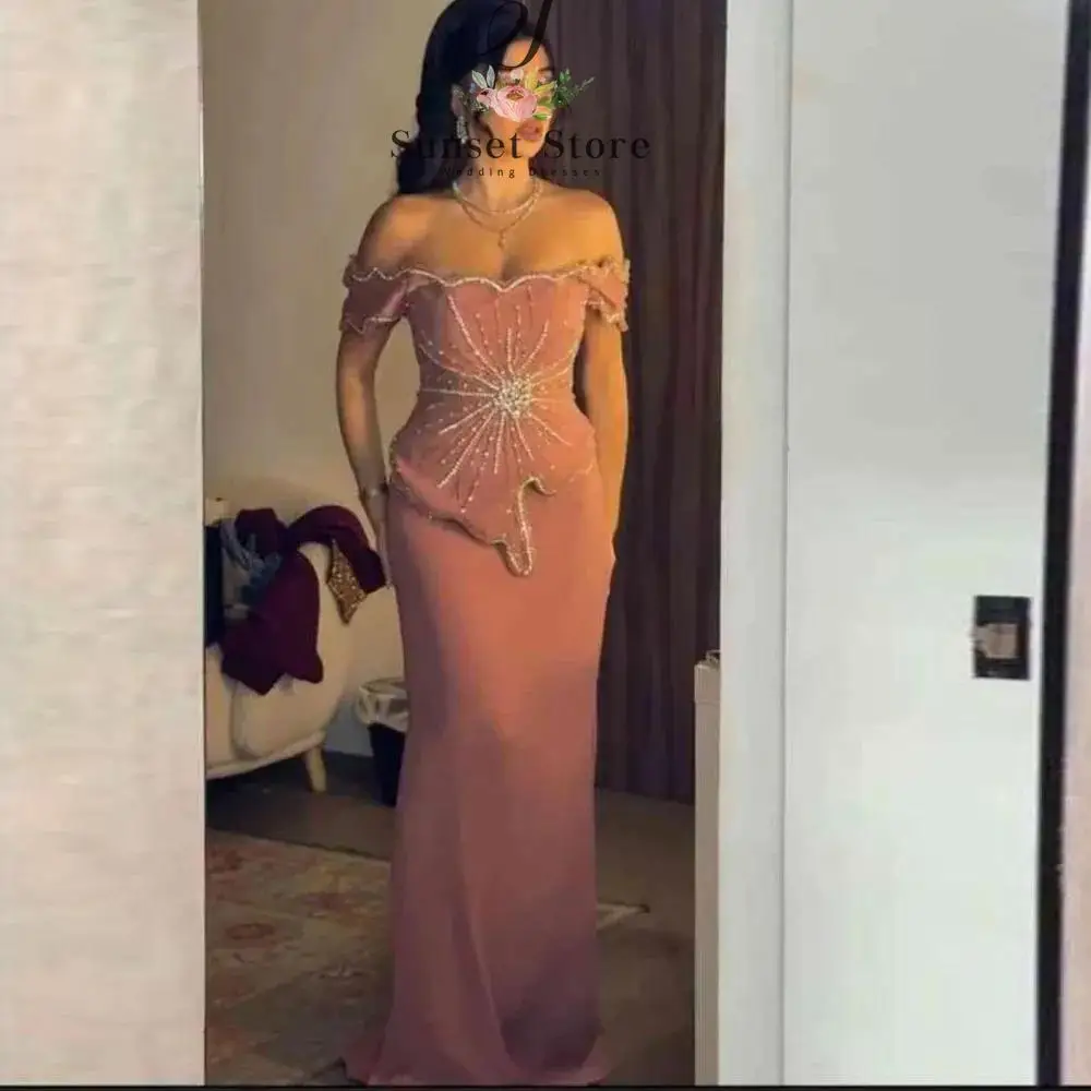 

Customized Beading Evening Dress Off the Shoulder Mermaid Special Occasion Dresses Asymmetrical Neckline Wedding Guest Gown