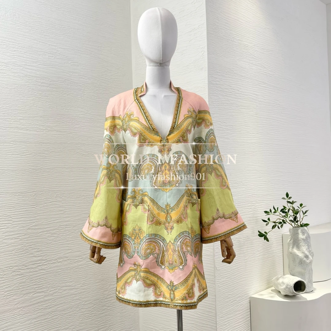 

Women Hot Collection 2025 New Linen High Quality Vintage Spring Summer Beach Style Deep V-neck Paisley Mini Dress for Holiday