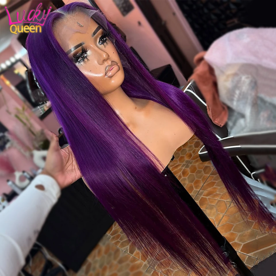 Pure Purple Colour Human Hair Wig 13x6 13x4 Lace Front Human Wig For Women Pre Plucked 5x5 Lace Closure Wig Straight Glueless