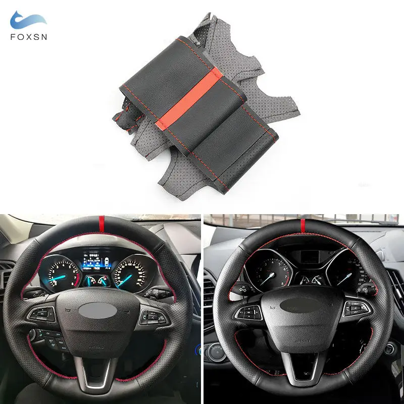 Car Customize Steering Wheel Cover Red Line Strip For Ford Focus 3 2015-2018 Kuga 2016 2017-2019 Escape C-MAX Ecosport 2018-2019