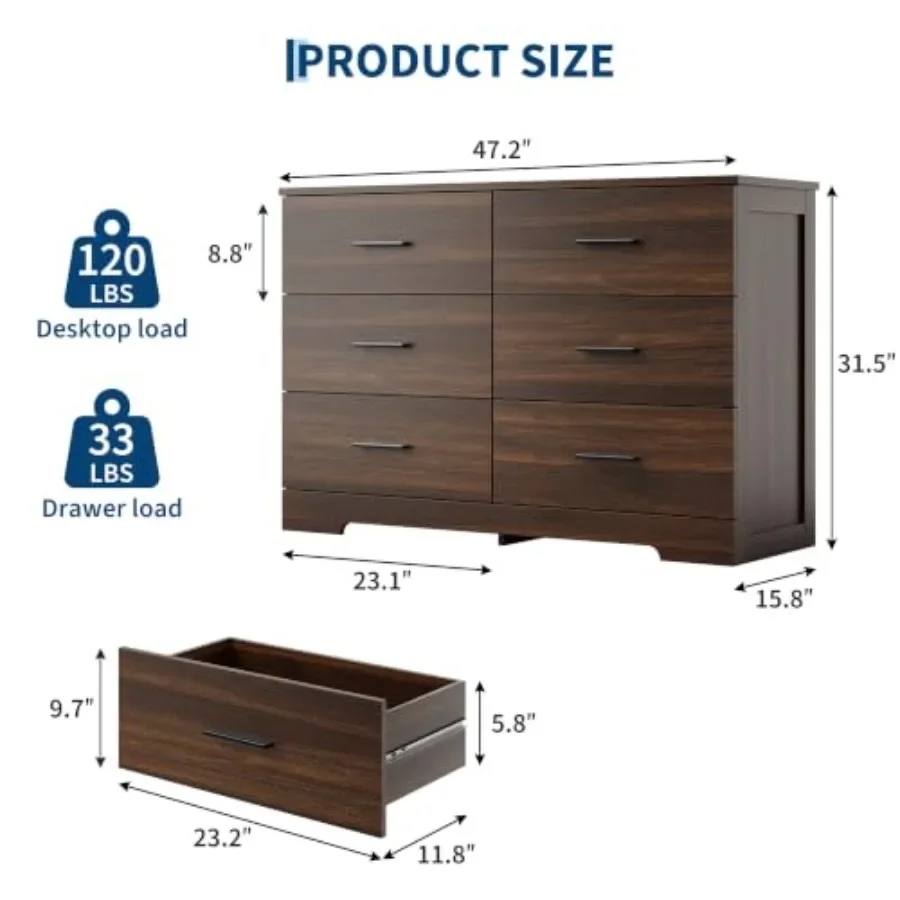 Modern 6 Drawers Dresser for Bedroom, Chest of Drawers with Metal Handles, Storage Organizer for Living Room, Bedroom, Entryway