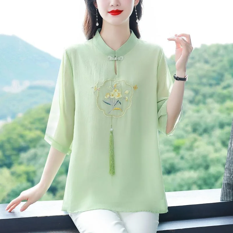 Zomershirt Dames 7-kwart mouw Nieuwe Chinese stijl Opvouwbare lente en herfst Dunne chiffon top