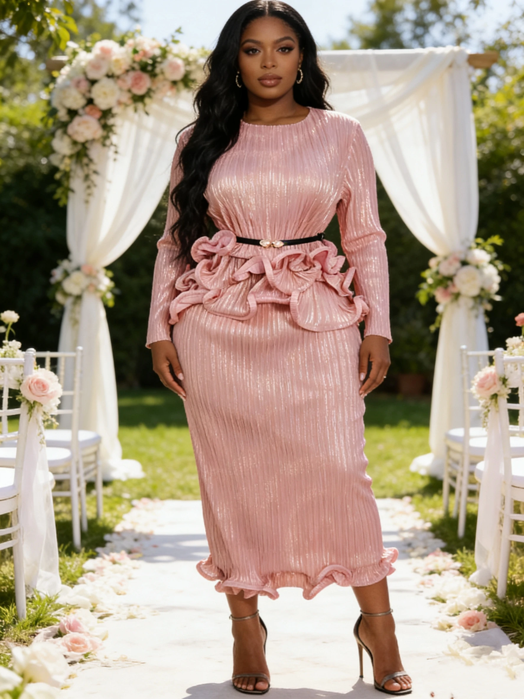 

Miyaki Plus-Size Skirt Set with Tiered Skirt, Long Sleeves, Round Neck, Gold Stamping, Elegant Socialite Style, Suitable for Weddings, Parties, Banquets, Fashionable Belt, High Elasticity, Suitable for Commuting and Wo