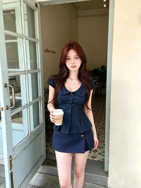

Slim Fit Floral Trim Shirt Short Sleeve Doll Collar Women's Summer Top Commute Versatile Waist Cinching Age Defying Korean Style