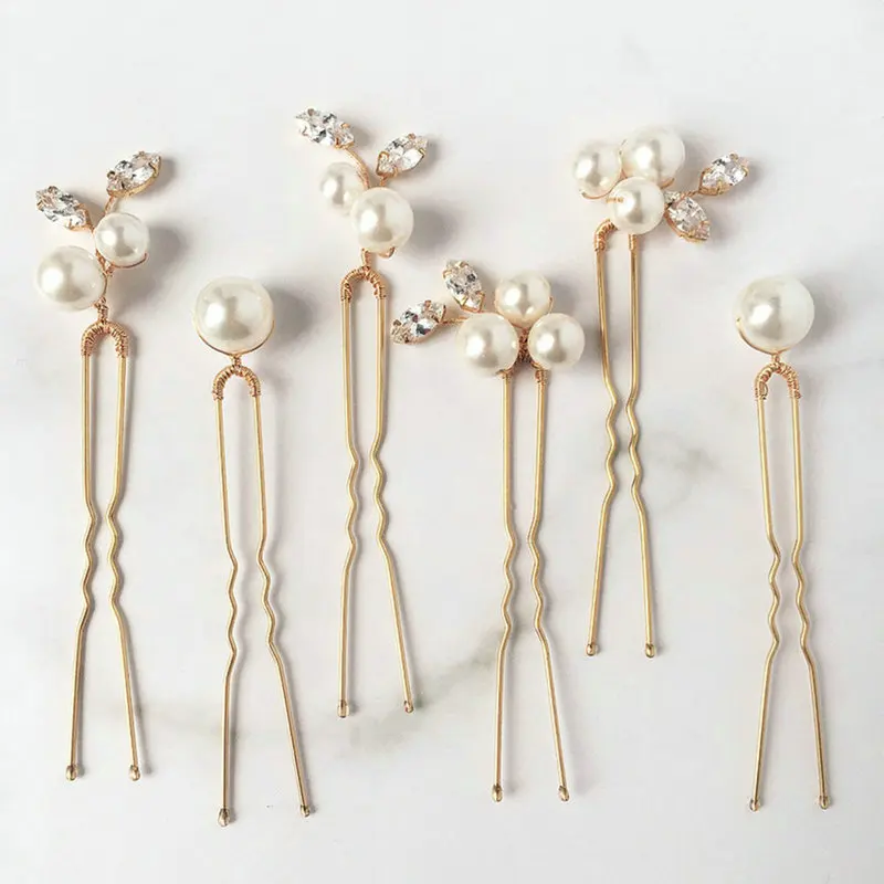 6pcs/set pearl bride wedding Hair clip crystal “U” shape hairpin wedding hair accessories