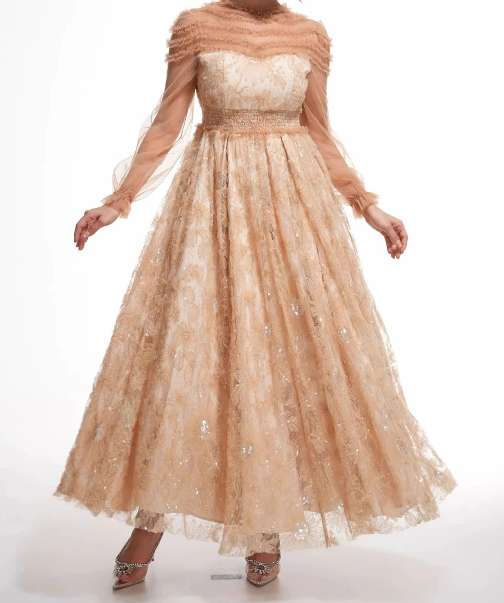 Abito francese in pizzo dolce, abito lungo con paillettes pesanti artigianali, maniche lunghe a fiori color kaki, vita alta e abito da sera alto-GZMM490