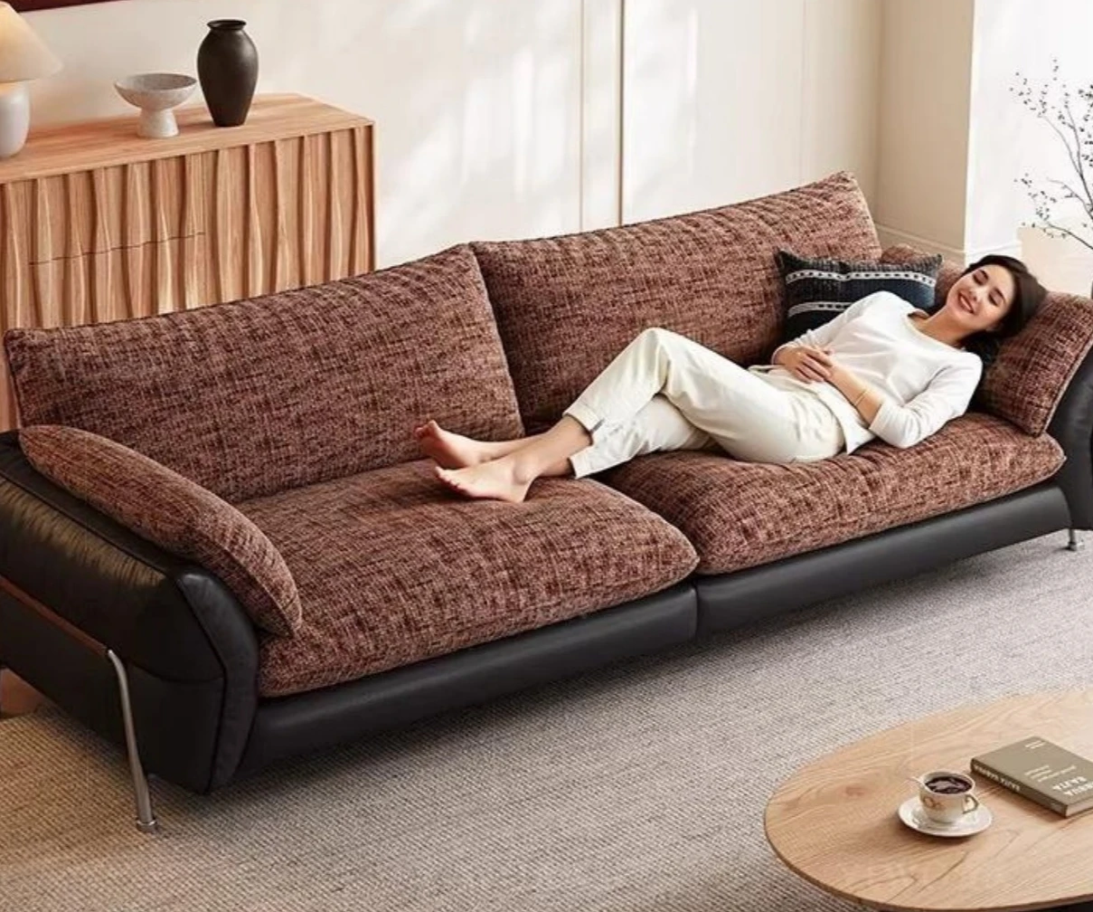 French leather sofa, removable and washable, simple living room straight row, retro style, minimalist