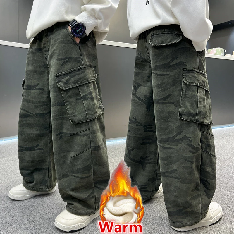 Boy Winter Warm Insulate Military Camouflage Cargo Pants Kids Loose Straight Thermal Trousers Child Fleece Lined Camo Trackpants