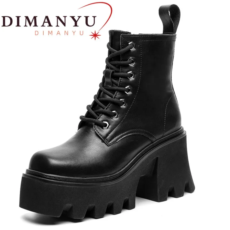 

DIMANYU Women Booties Platform Genuine Leather High Heel Large Size Women Ankle Boots British Style Fur Winter Boots Women