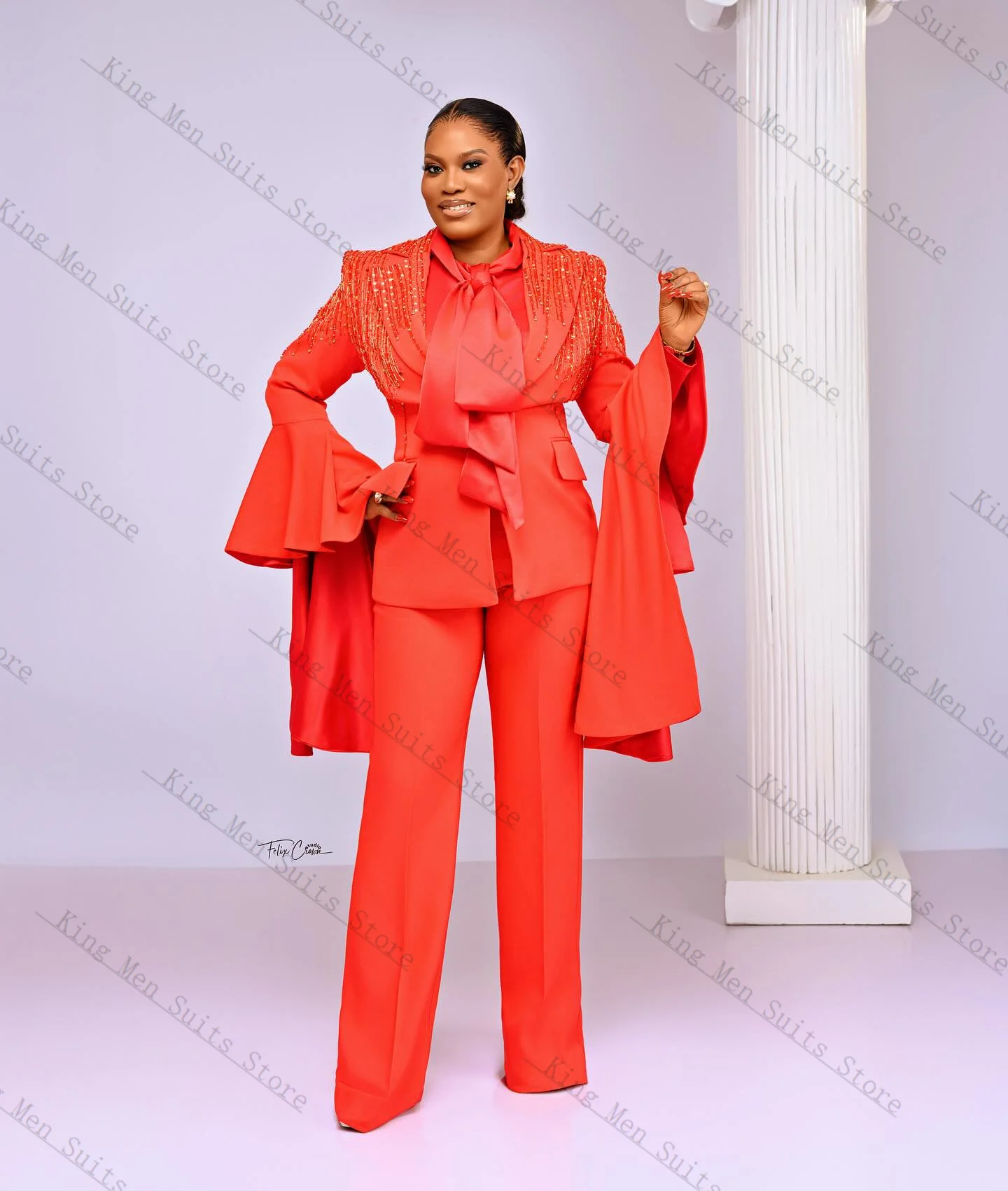 

Crystals Red Women Office Suits Set 2 Pieces Blazer+Pants Trousers Customized Designer Formal Office Lady Business Jacket