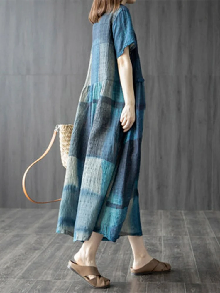 Women's Short Sleeve V-Neck Plaid Midi Length Linen Cotton Dress Artistic Style Loose Waist Print A-Line Summer Dress