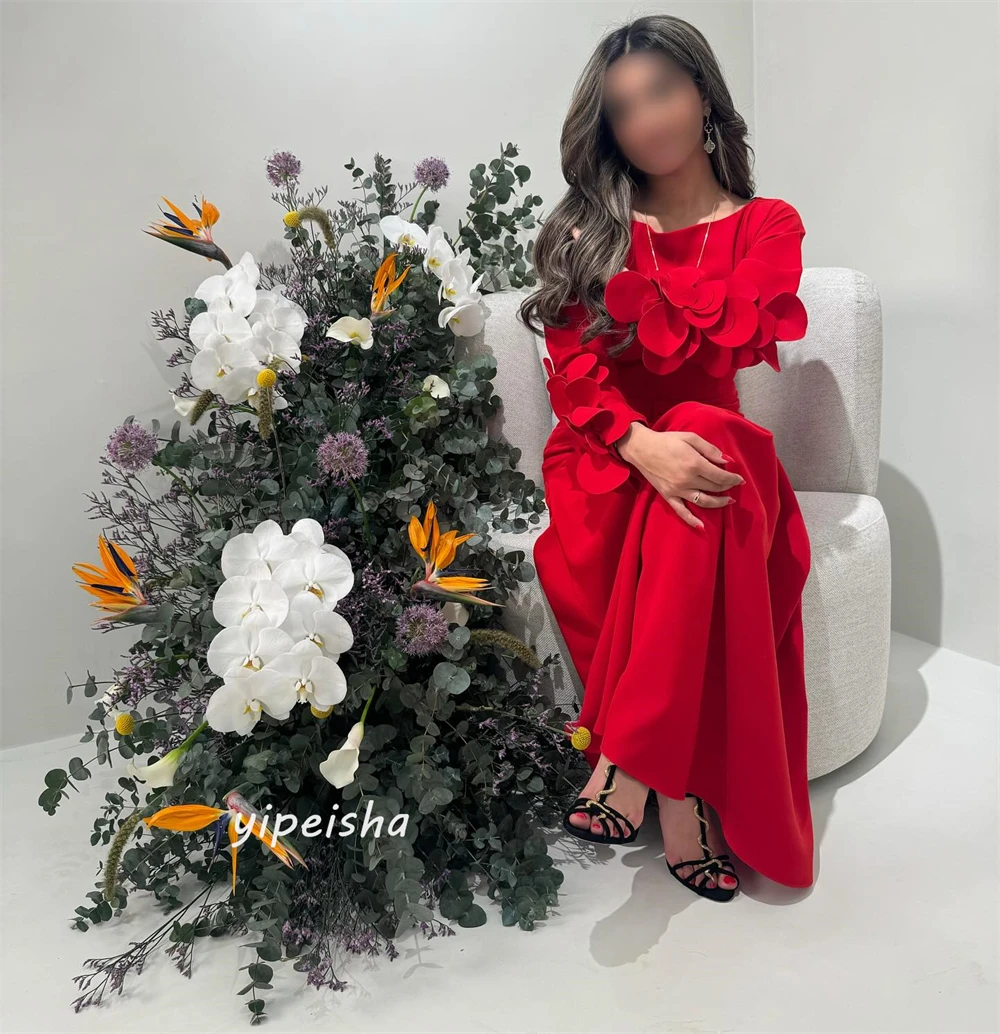 Robe de cocktail plissée à fleurs en satin, robes à manches longues, ligne A, col rond, occasion sur mesure