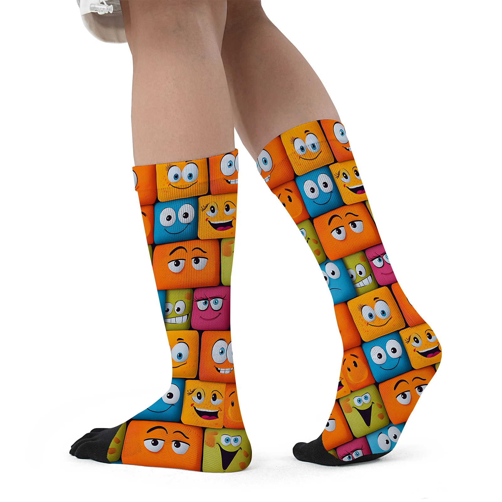 1 double three-dimensional smiley face square cartoon style print personality mid-tube sports fashion five-finger socks party