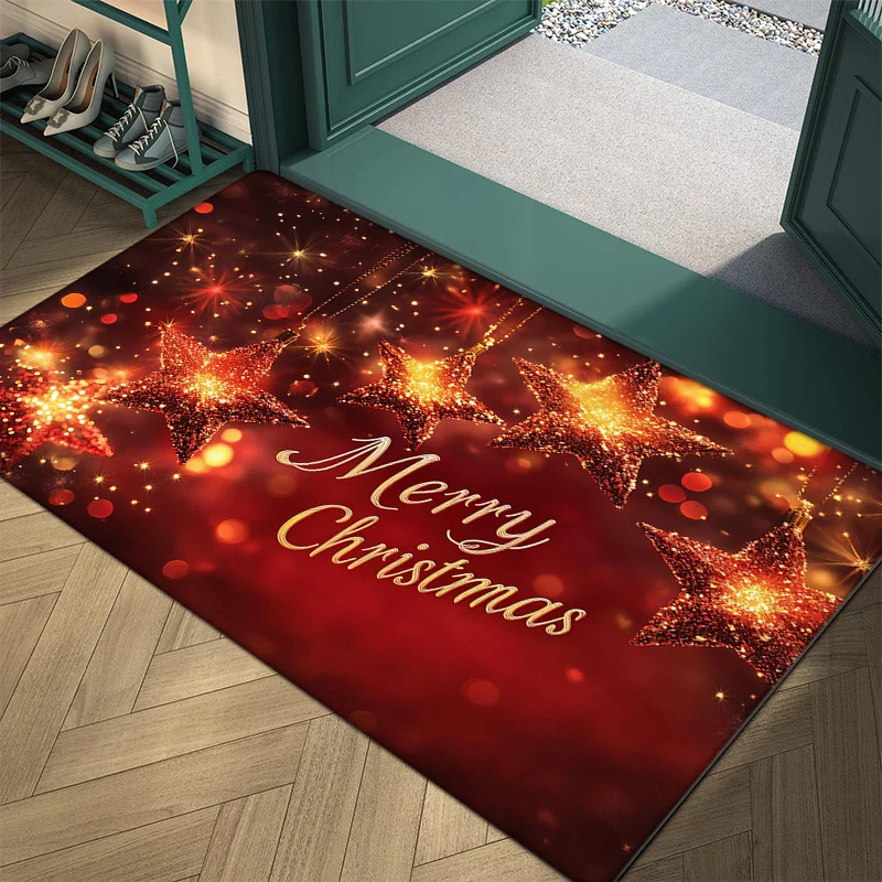 Christmas Star Flannel Door Mat Carpet, Five-Pointed Star Merry Christmas Print Non-Slip for Kitchen Living Room Decor