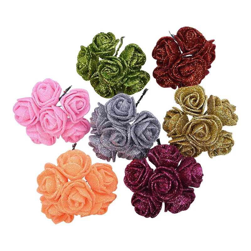 

72pcs/lot 3.5cm Gold Silver Glitter Foam Rose Artificial Flowers for Wedding Decoration Gift Box Decorative Wreath Bouquet