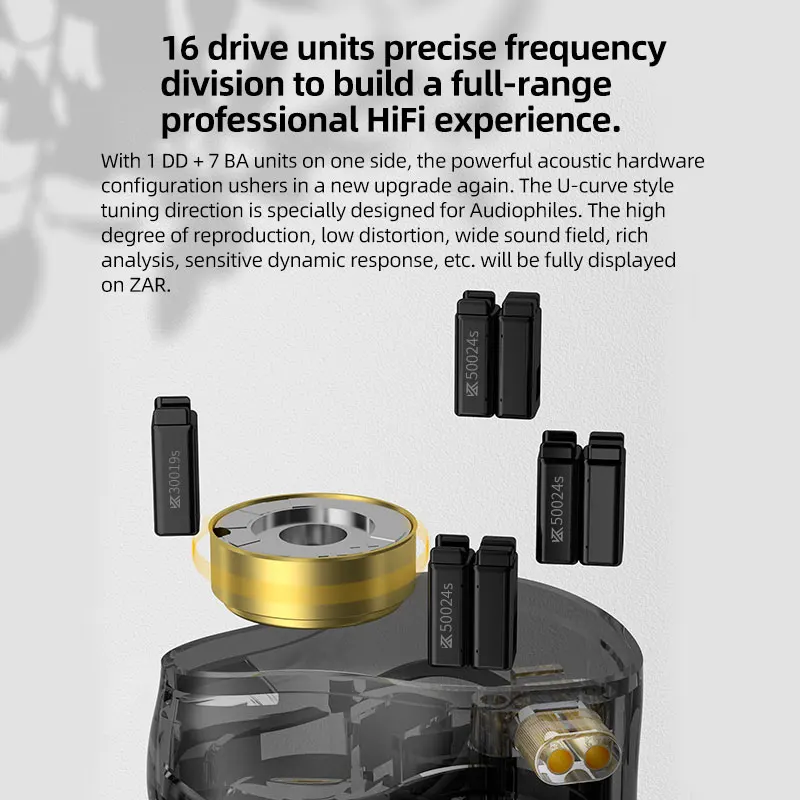 KZ ZAR HiFi 유선 이어폰 이어폰 모니터 이어 버드 하이브리드 기술 7BA + 1DD IEM 헤드셋 (마이크 포함)베이스 폰 헤드폰