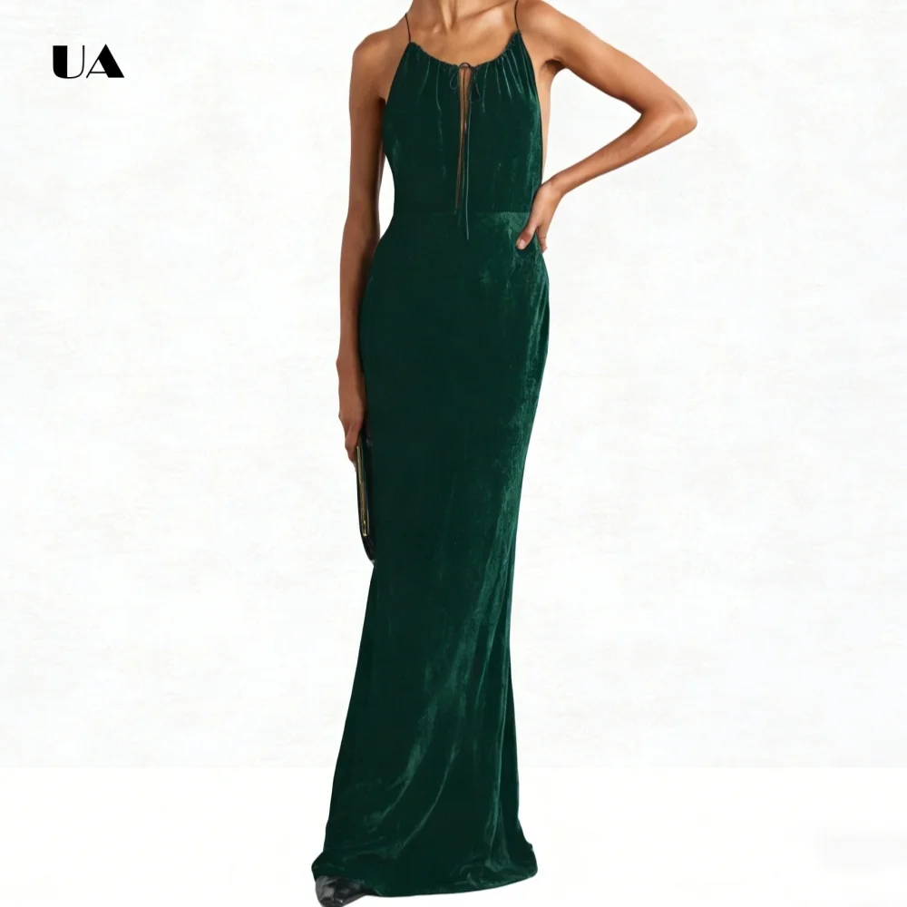 ULBYANRY Samt-Etui-Abschlussballkleid mit Spaghettiträgern, solides rückenfreies Abendkleid, ärmelloses, maßgeschneidertes Partykleid mit Ausschnitten