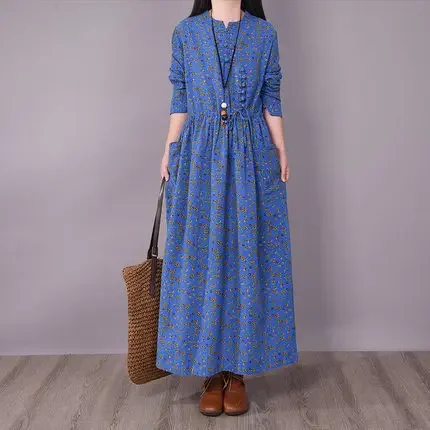 2023 primavera nuevo Vintage abotonado pequeña flor Casual cinturón cubierta vientre vestido de manga larga mujer dobladillo ancho vestido largo