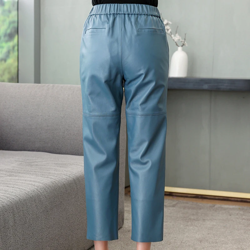 جلد طبيعي سراويلي حريمي ربيع المرأة جلد الغنم عالية الخصر بناطيل كاجوال مرونة الخصر جيب فضفاض الشارع الشهير Pantalones