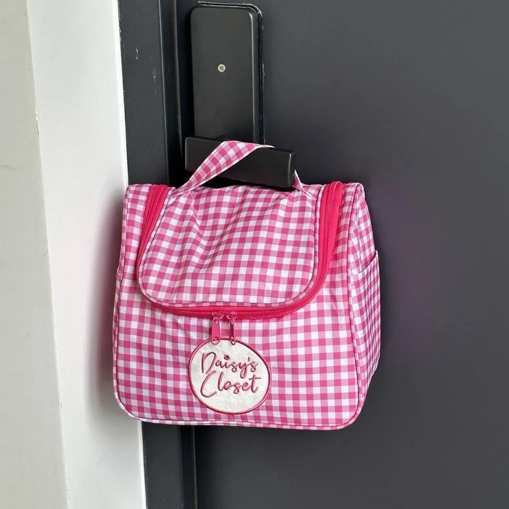 New Pink Plaid Makeup Bag Large Capacity Carry-On Cosmetic Organizer with Compartments Wide Opening Travel Hanging Toiletry Bag