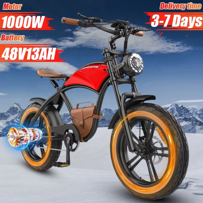 Electric Bicycle 1000W Brushless Motor 48V13AH Lithium Battery E-bike Snow Motorcycle 20*4.0 Inch Fat Tire Aldult Electric Bike