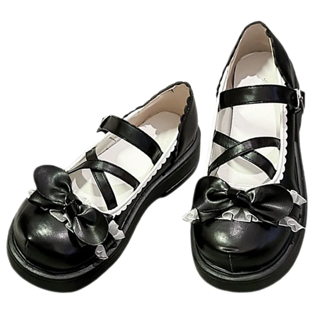 

Lolita Shoes Round Toe Black 37 Size Vintage PU Material Comfortable Women Girl Uniform Rubber Strap Flat Shoes