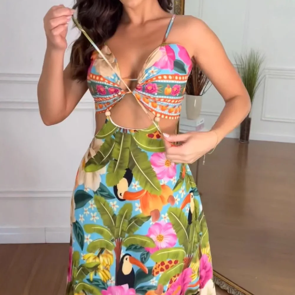 Women Floarl Print V Neck Lace Up Hollow Out Vaction Dress Casual A Line Tied Detail Backless Maxi Dress