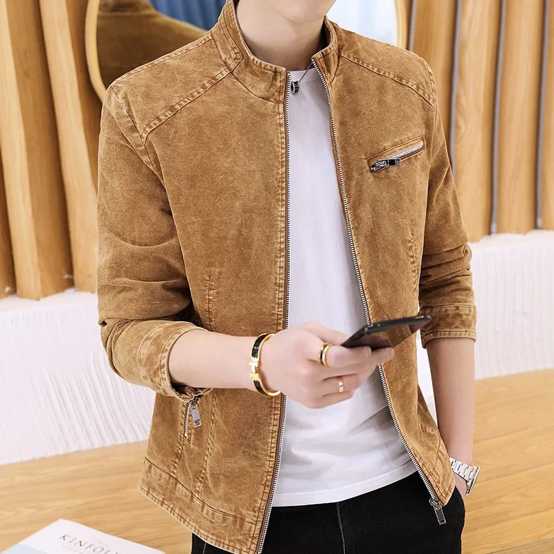 Spring Autumn Men Stand Collar Denim Jacket Fashion Retro Motorcycle Coats Male Long Sleeve Zipper Casual Skinny Jeans Outerwear