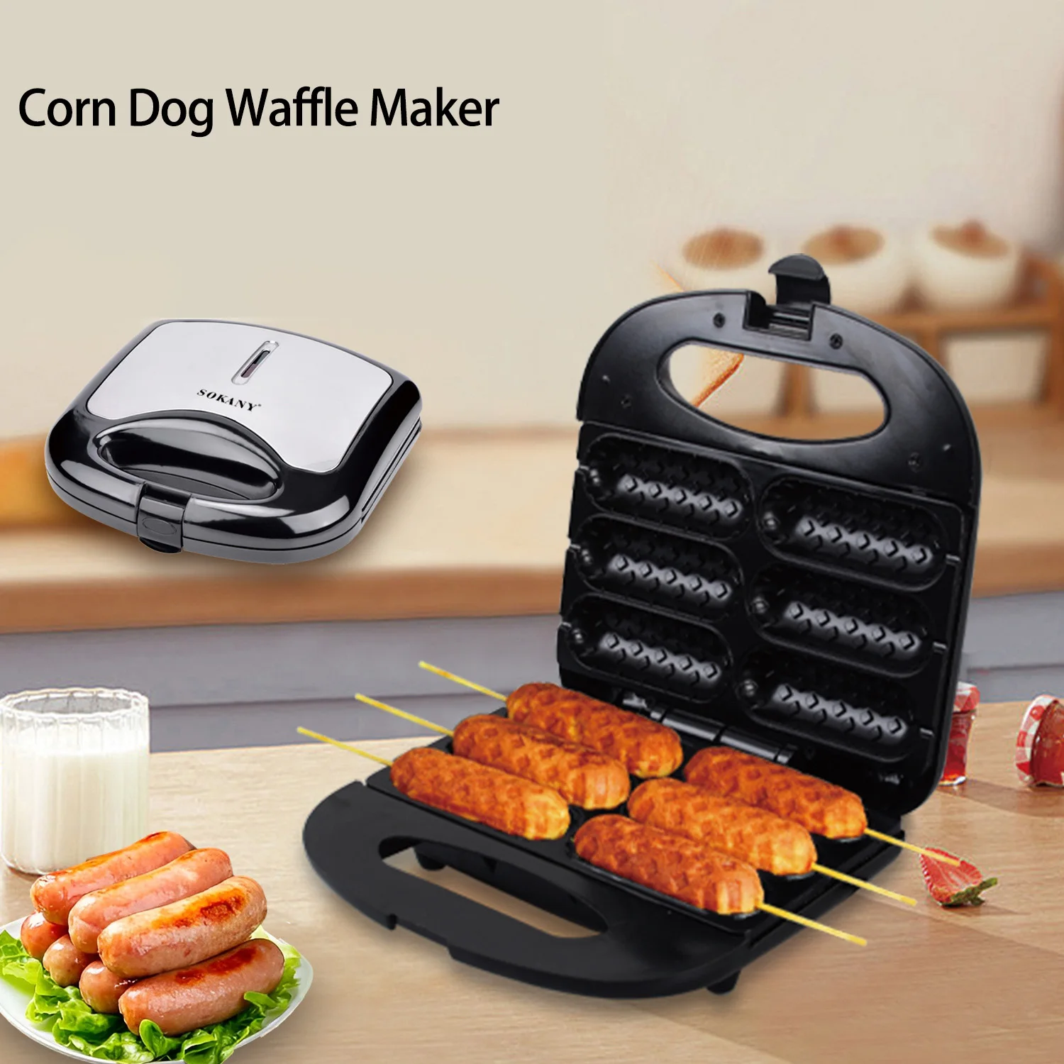 Corn Dog Waffle Maker, Hot Dog Waffle Machine with Non-stick Coating Plate, Hot Dog Maker Toaster Make 6 Corn Dogs, Corn Dog