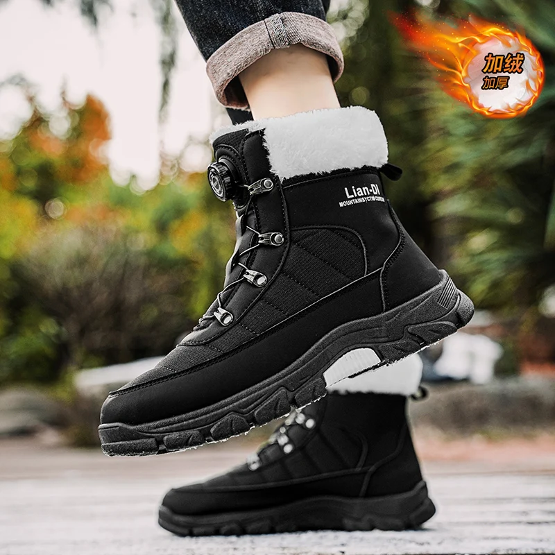 أحذية الثلوج الرجالية الشتوية 2025، مبطنة بالفرو الصناعي، سميكة ودافئة، تصميم من قطعة واحدة، غير قابلة للانزلاق، متينة، مقاس كبير، سريعة الجفاف، مناسبة