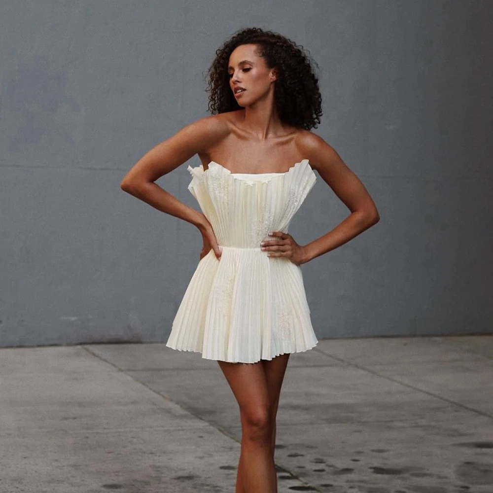 Moda sem alças plissado malha mini vestido exclusivo babados em camadas tule cocktail vestido de noite romântico formal vestidos de festa