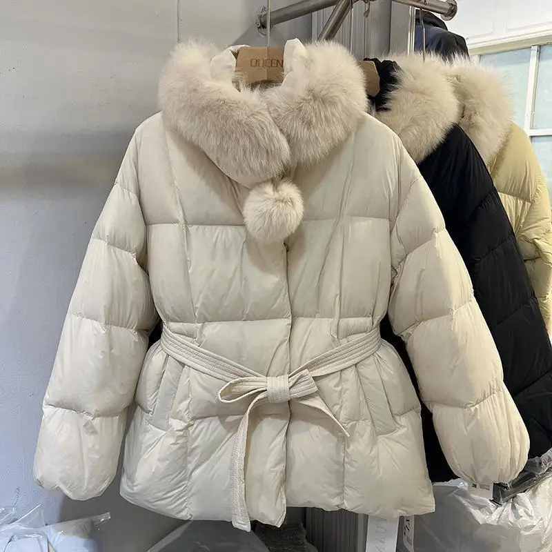

Korean Faion High-End Winter Puffer Jaet Women's Thi Warm White Fce Coat Trendy Fur Collar Outdoor Clothing