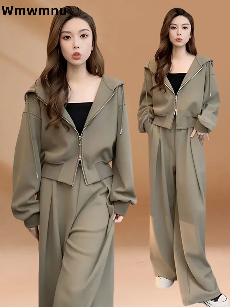 Casual Fall Winter Two Piece Set Korea Hooded Zip Sweatshirt Jackets Coats Tops Tracksuit High Waist Baggy Wide Leg Pants Suit