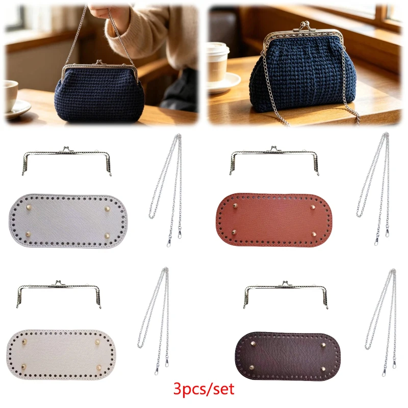 3-Piece Set: 18cm Square Silver Perforated Metal Clasps + 22cm Pu Strap with Studs + Shoulder Strap, Handmade Crochet Coin Purse DIY Accessories, Weaving and Crafting Materials for Beginners