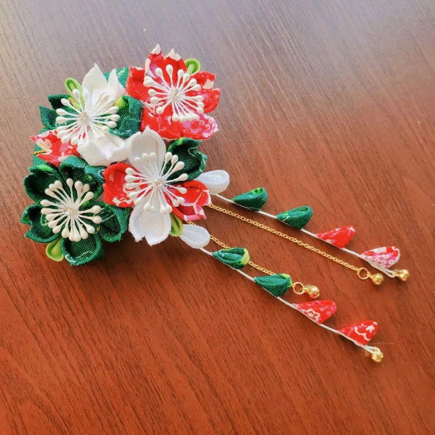 Handmade Lolita Japanese Style Hanfu Kimono Flower Cherry Blossom Fan Bell Tassel Girl Headdress Hair Accessories Barrettes