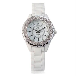 Montres-bracelets en cristal de luxe pour femmes, montre-bracelet en céramique blanche pour dames, montres à quartz pour femmes