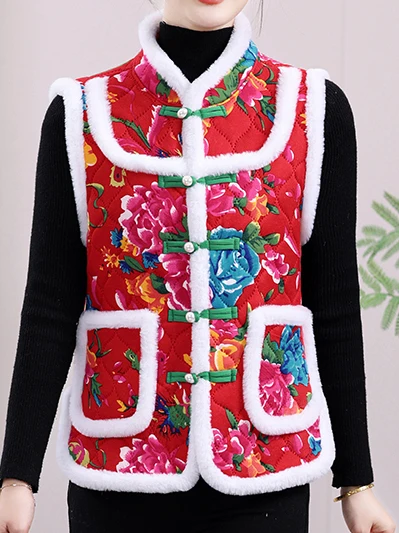 

Утепленный хлопковый жилет с цветочной вышивкой, на флисовой подкладке, на пуговицах, в стиле для мам, в этническом стиле Северо-Восточного Китая
