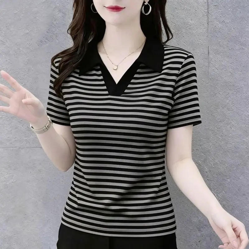 

Women's Fashion Lapel Print Stripe Casual Polo T-Shirt Summer New Versatile Pullover Office Top