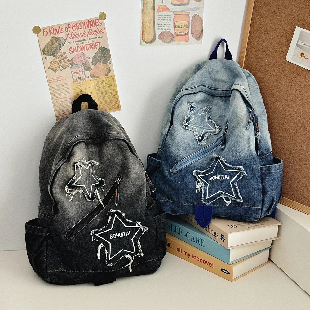Relaxing Denim Gradient Star Shaped Backpack, College Student Leisure Travel Backpack, Large Capacity Backpack