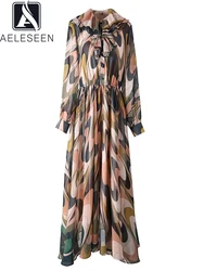 AELESEEN Runway Fashion Chiffon Dress Women Autumn Bow Lantern Sleeve Geometric Contrast Color Printed Elegant Long Party