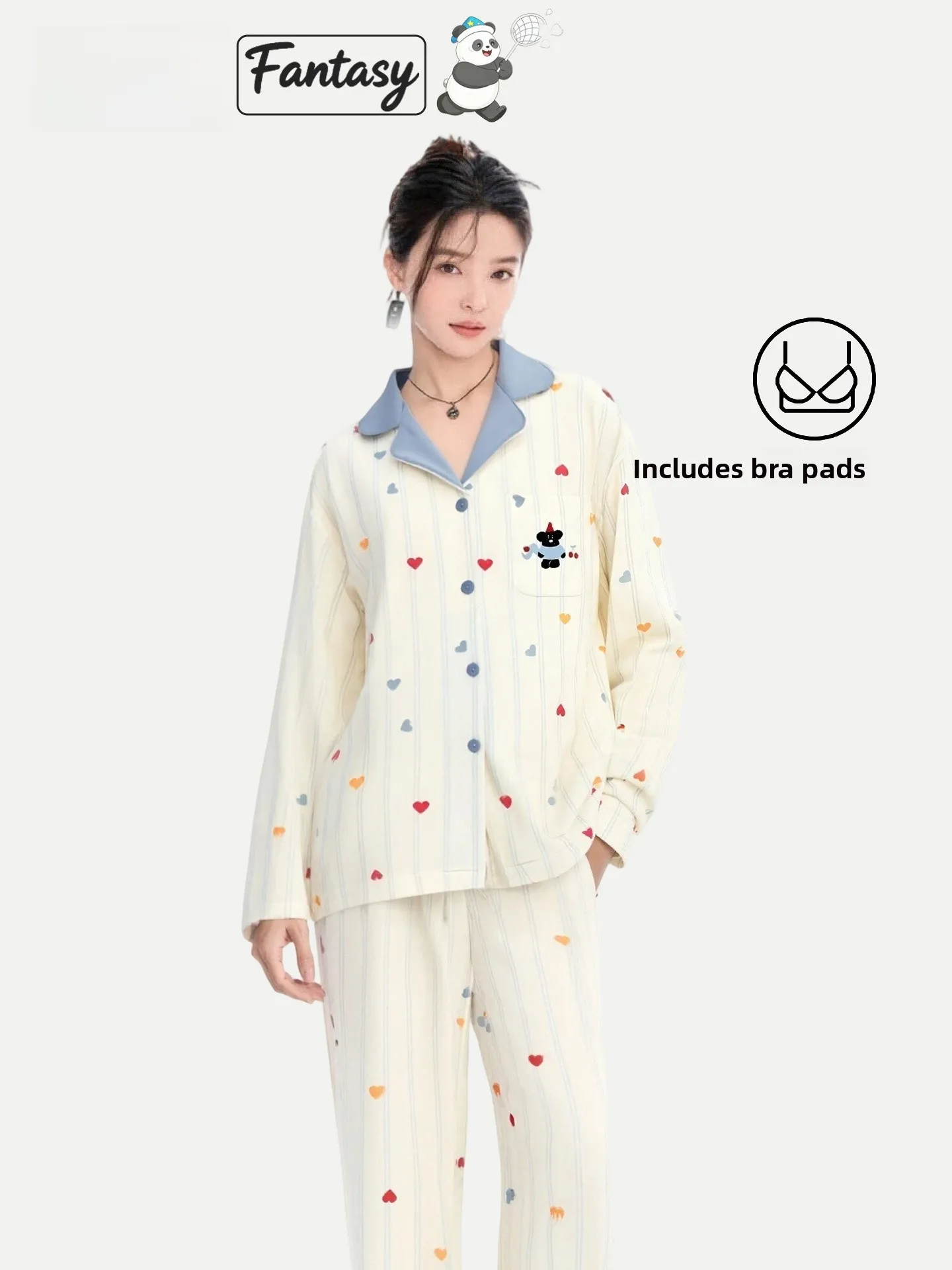 PinkBread Cherry Bear Women's Long Sleeve Sleepwear with Chest Pad Pure Cotton Home Clothes Spring Autumn Casual Loose Fit