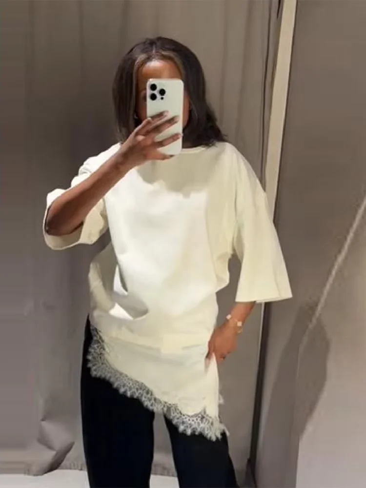

Trendy New Patchwork T-shirt Lace Pattern Slanted Hem Three-Quarter Sleeve Solid Top All-Matching Women Comfortable Street Wear