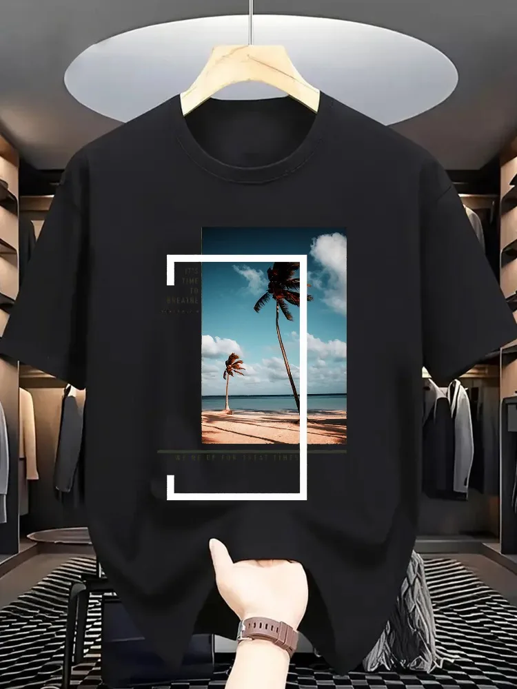 Men Summer Cotton Short Sleeve T Shirt Beach Palm Tree Frame Print It S Time To Breathe Vacation Crew Neck Casual Male Tee