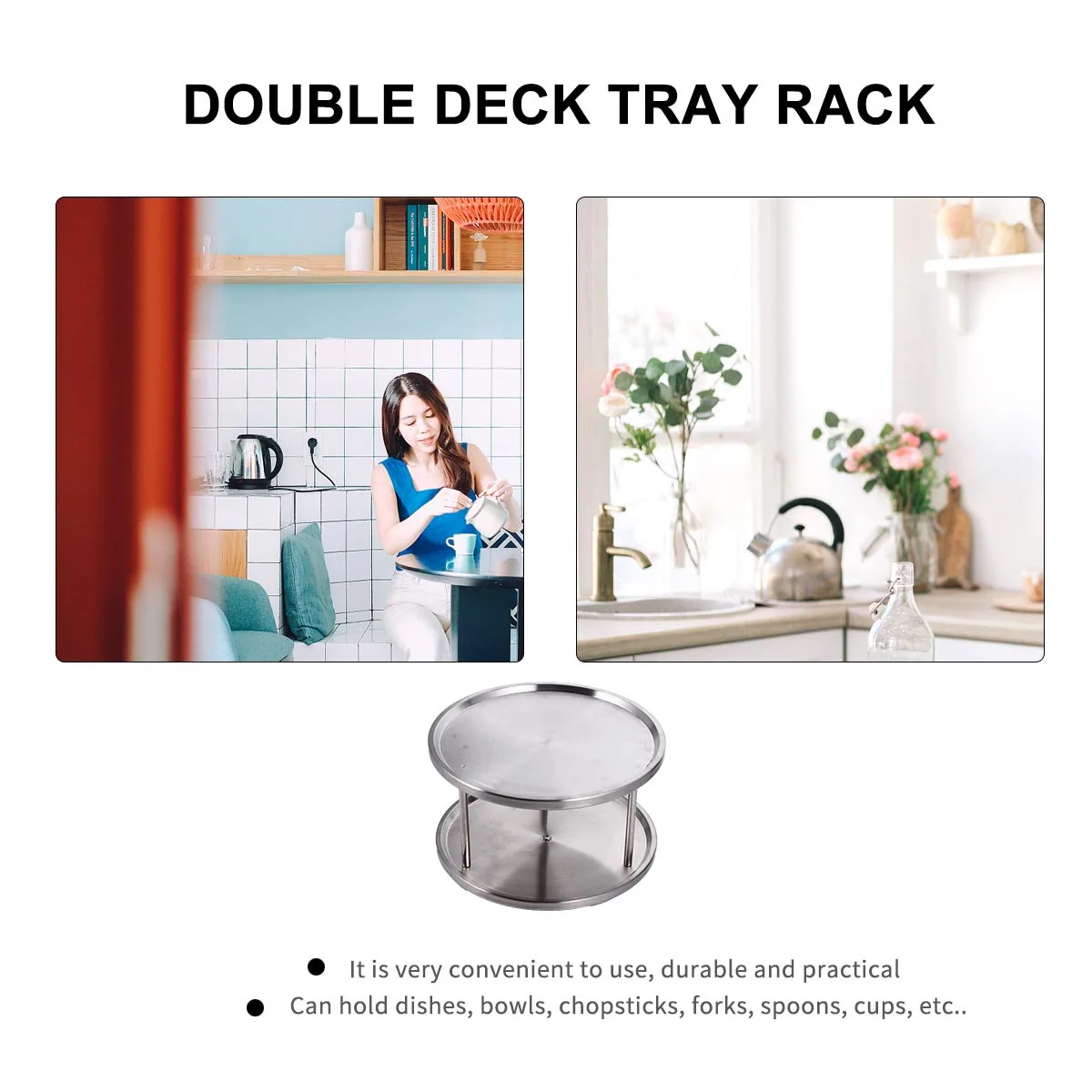 

1Pcs Double Layer Rotatable Plate Rack Kitchen Storage Holder Stainless Steel Rack for Dishes Bowls Cups Spice Seasoning