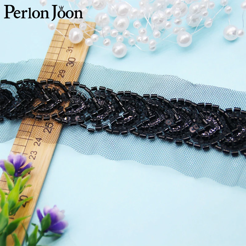 5 Yards Braid Shape Sequin Black Gold Glass Beaded Imitation Handmade Mesh Lace Trim DIY Sew Decorated for Clothing Dress HB090