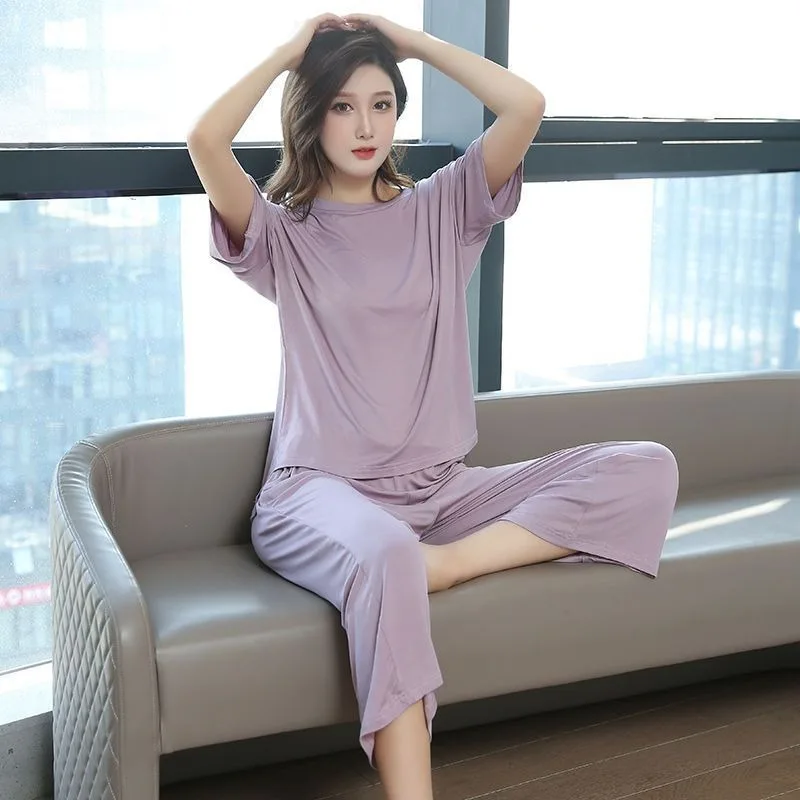 Modal Pajamas Ms. Summertime Short Sleeve Cropped Trousers Thin Summer Loose Can Be Worn Outside Loungewear Set Refreshing Soft