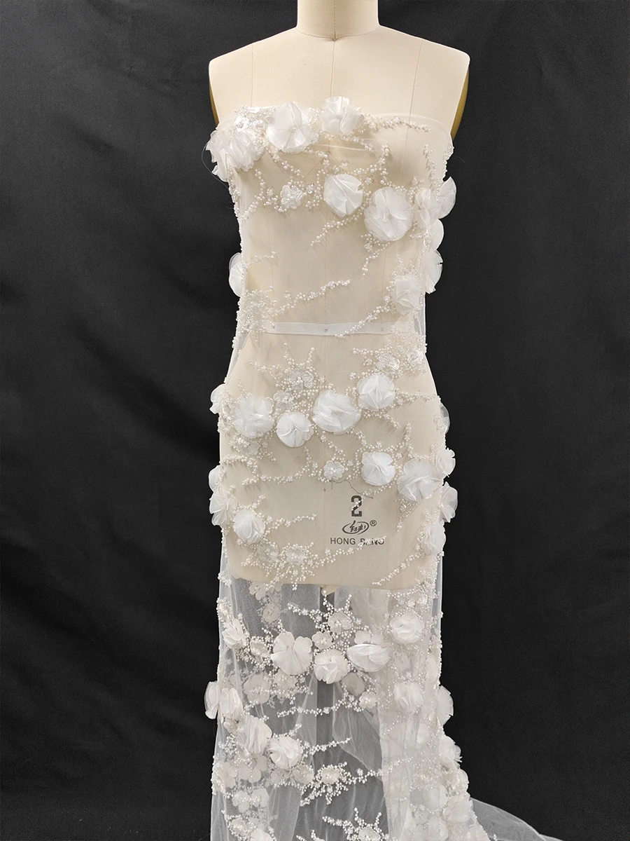 Nuevo tela blanca tridimensional con bordado de cuentas de boda, tela cosida de diseñador de encaje para vestido de novia