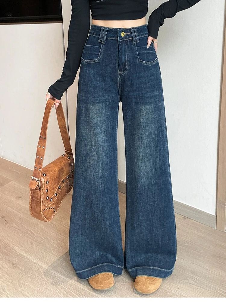 Retro-Jeans im amerikanischen Stil für Damen im Herbst und Winter, neue, hoch taillierte, schmal geschnittene, dicke, vielseitige Hose mit geradem Bein