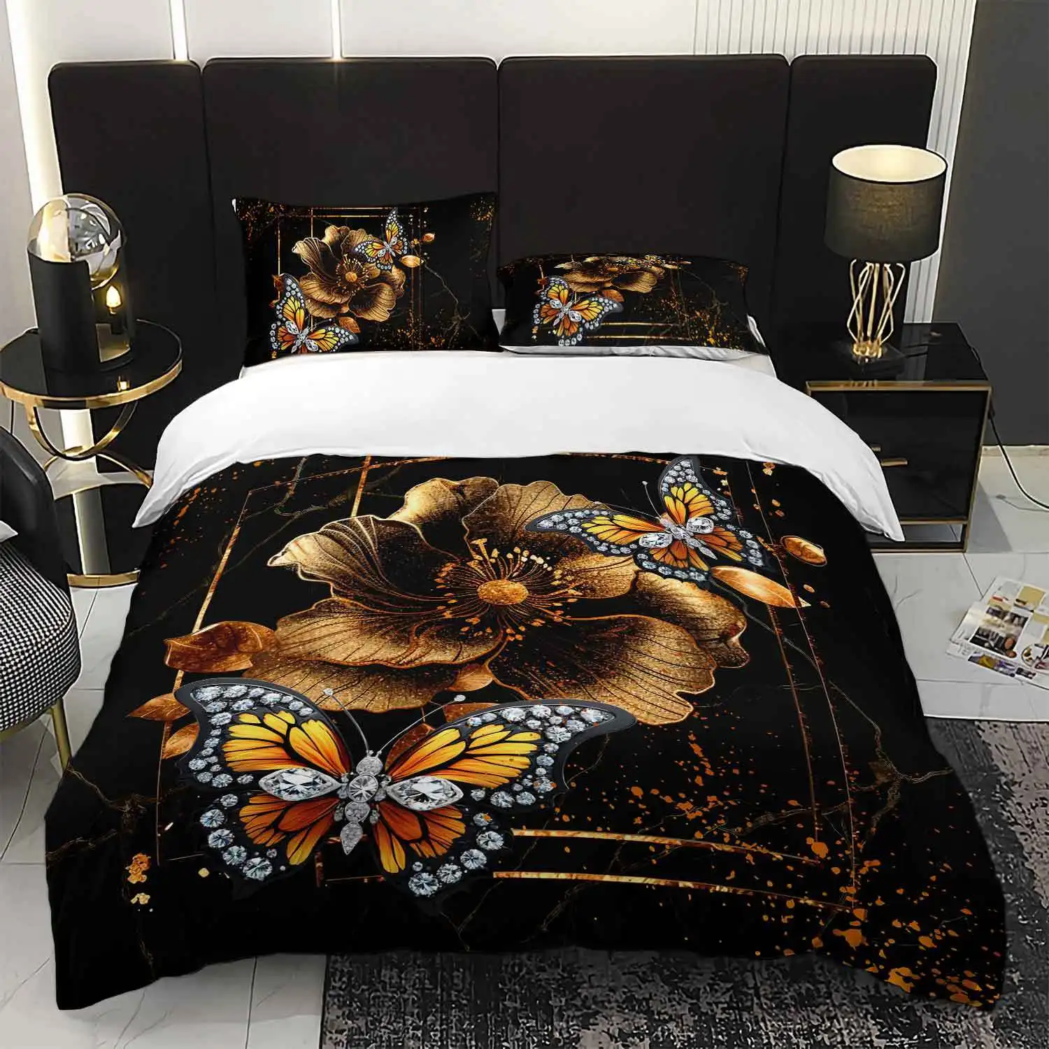 

Luxury Bedding Set Featuring a Butterfly And Floral Design, Including a Duvet Cover And Two Pillowcases, But No Comforter