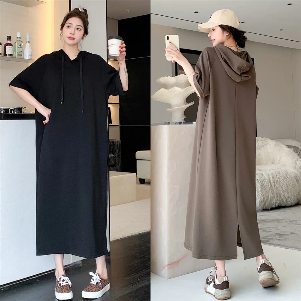 プラスサイズ スリット入りTシャツ ルーズフィット 半袖 パーカーワンピース レディース 春夏 細見え カジュアル 無地 ロング丈ワンピース
